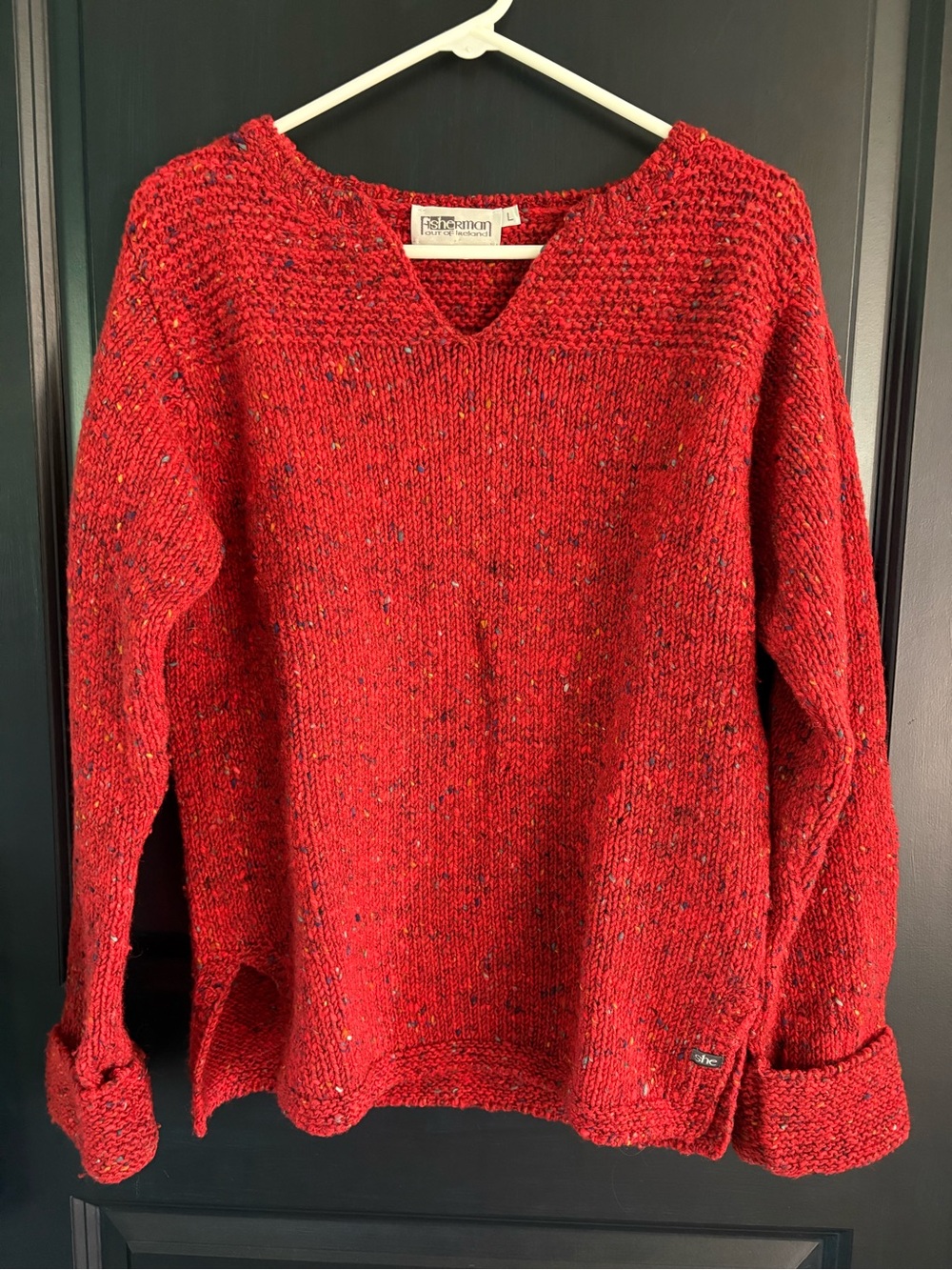 Vintage Fisherman Out of Ireland Wool Sweater L Red Donegal Fleck Irish Knit